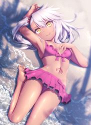 Rule 34 | 1girl, :d, armpits, bare legs, barefoot, beach, bikini, bikini skirt, blush, breasts, chloe von einzbern, collarbone, commentary request, dark-skinned female, dark skin, day, fate/kaleid liner prisma illya, fate (series), frilled bikini, frills, from above, goribote, hair between eyes, long hair, looking at viewer, lying, navel, ocean, on back, open mouth, outdoors, pink bikini, sand, silver hair, small breasts, smile, solo, swimsuit, water, wet, yellow eyes