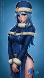 Rule 34 | 1girl, artist name, bare hips, belt, blue background, blue dress, blue eyes, blue hair, blue theme, breasts, capelet, commentary, dated, deviantart username, dress, english commentary, english text, fairy tail, fur-trimmed capelet, fur-trimmed dress, fur-trimmed headwear, fur-trimmed sleeves, fur collar, fur hat, fur trim, hat, highres, italian commentary, juvia lockser, large breasts, leg tattoo, lips, long hair, looking at viewer, mixed-language commentary, nose, nostrils, own hands together, patreon username, pelvic curtain, sciamano240, side slit, simple background, solo, tattoo, thighs, v arms, watermark, web address, winter clothes