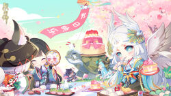 Rule 34 | 1boy, 4girls, chibi, food, fruit, highres, japanese clothes, multiple girls, official art, onmyoji, outdoors, paper doll, strawberry