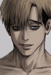 Rule 34 | 1boy, black eyes, blonde hair, collarbone, commentary, eyeshadow, grey background, highres, killing stalking, light smile, looking at viewer, makeup, male focus, oh sangwoo, open mouth, portrait, short hair, solo, sso s, symbol-only commentary, teeth, undercut