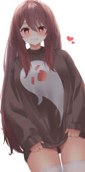 Rule 34 | 1girl, alternate costume, black sweater, blush, boo tao (genshin impact), brown hair, casual, flower-shaped pupils, genshin impact, gluteal fold, grin, hair between eyes, harurunoe, heart, holding, hu tao (genshin impact), long hair, long sleeves, looking at viewer, oversized clothes, red eyes, sidelocks, simple background, sleeves past wrists, smile, solo, sweater, symbol-shaped pupils, thighhighs, thighs, twintails, white background, white thighhighs