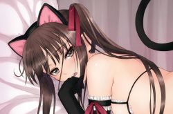 Rule 34 | 00s, 1girl, animal ears, bare shoulders, black gloves, bra, brown hair, cat ears, cat tail, cupless bra, elbow gloves, fake animal ears, fault!!, flat chest, frills, gloves, hair ribbon, hairband, hand to own mouth, highres, long hair, looking at viewer, lying, nippleless clothes, ribbon, scan, solo, sugiyama mio, tail, tony taka, twintails, underwear