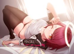 Rule 34 | 1girl, arknights, black panties, black pantyhose, breasts, clothes pull, dog tags, exusiai (arknights), halo, highres, jacket, knees up, looking at viewer, lying, narynn, no pants, on back, on bed, orange eyes, panties, pantyhose, pantyhose pull, red hair, shirt, short hair, skindentation, solo, underwear, white jacket, wings