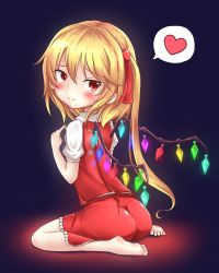 Rule 34 | 1girl, ass, barefoot, blonde hair, blush, crystal, dark background, fingers together, flandre scarlet, hair ribbon, heart, index fingers together, kneeling, kuro (baseball0000), looking back, no headwear, no headwear, red eyes, ribbon, side ponytail, simple background, solo, spoken heart, sweat, touhou, wings