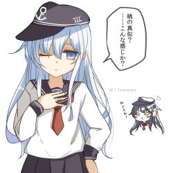 Rule 34 | 2girls, akatsuki (kancolle), anchor symbol, black sailor collar, black skirt, blue eyes, commentary request, cowboy shot, facing viewer, flat cap, hand on own chest, hat, hibiki (kancolle), highres, kantai collection, long hair, multiple girls, neckerchief, one-hour drawing challenge, one eye closed, pleated skirt, pout, red neckerchief, sailor collar, school uniform, serafuku, sideways glance, silver hair, simple background, skirt, solo focus, tonome (rururara), translation request, twitter username, white background