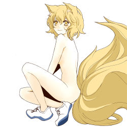 Rule 34 | 1girl, animal ears, bad id, bad pixiv id, blonde hair, female focus, fox ears, fox tail, goldregen, multiple tails, no socks, nude, shoes, short hair, simple background, sitting, solo, tail, touhou, white background, yakumo ran, yellow eyes