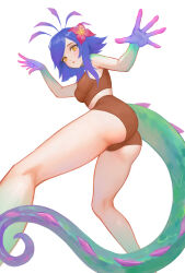Rule 34 | 1girl, ass, bare arms, bare legs, bare shoulders, blue hair, blush, breasts, brown shirt, brown shorts, chameleon girl, chameleon tail, colored skin, feet out of frame, flower, from below, green skin, hair flower, hair ornament, highres, league of legends, lizard tail, long hair, looking at viewer, medium breasts, multicolored skin, neeko (league of legends), pink flower, purple skin, reptile girl, shchrit, shirt, short shorts, shorts, simple background, solo, tail, white background, yellow eyes