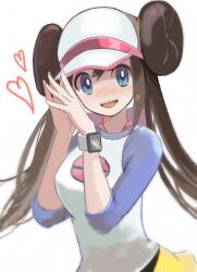 Rule 34 | 1girl, :d, bright pupils, brown hair, commentary request, creatures (company), double bun, eyelashes, game freak, hair bun, hands up, happy, heart, highres, long hair, looking at viewer, nintendo, open mouth, own hands together, pokemon, pokemon bw2, raglan sleeves, ringosan2329, rosa (pokemon), shirt, simple background, smile, solo, teeth, twintails, upper body, upper teeth only, visor cap, white background, white pupils, xtransceiver