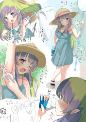 Rule 34 | 1girl, absurdres, ameth (princess connect!), aono (f i s), bare arms, bare shoulders, blue eyes, blush, bottle, brown footwear, brown headwear, butterfly net, chibi, collarbone, commentary request, drinking, green hair, grin, hand net, hat, highres, holding, holding bottle, insect cage, multicolored hair, multiple views, one eye closed, open mouth, pointy ears, princess connect!, purple hair, sandals, smile, sun hat, sweat, translation request, two-tone hair, water bottle, wiping sweat