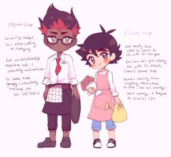 Rule 34 | 2boys, alternate costume, antenna hair, apron, ash ketchum, blush, bouquet, brown eyes, brown footwear, brown hair, catsubun (kkst0904), closed mouth, collared shirt, commentary, creatures (company), dark-skinned male, dark skin, english text, flower, game freak, highres, holding, holding bouquet, holding tray, holding watering can, kiawe (pokemon), looking at viewer, male focus, multiple boys, nintendo, pants, pink apron, pokemon, pokemon (anime), pokemon sm (anime), shirt, shoes, short hair, smile, standing, tray, waist apron, watering can, white shirt