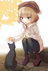 Rule 34 | 10s, 1girl, :d, animal, ankle boots, beanie, black cat, black pantyhose, blonde hair, blue eyes, blush, bobblehat, boots, brown hat, cat, coat, drawstring, fang, full body, girls und panzer, hat, highres, hood, hooded coat, icomochi, katyusha (girls und panzer), knees up, long sleeves, open mouth, outdoors, pantyhose, purple footwear, short hair, sitting, smile, solo, stairs, stone floor, tree, tsurime, white background, white coat