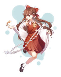 Rule 34 | 1girl, ascot, bow, brown eyes, brown hair, chinese commentary, commentary, detached sleeves, duomao, frilled bow, frilled hair tubes, frills, gohei, hair bow, hair tubes, hakurei reimu, highres, holding, holding gohei, leg up, light blush, long hair, mary janes, open mouth, red bow, red skirt, shoes, skirt, skirt set, socks, solo, talisman, touhou, very long hair, white socks, yellow ascot