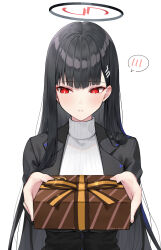 Rule 34 | 1girl, absurdres, black hair, blazer, blue archive, blush, box, gift, gift box, hairy, halo, highres, hime cut, jacket, long hair, mono (mo n mno), open mouth, red eyes, rio (blue archive), simple background, solo, spoken blush, sweater, turtleneck, turtleneck sweater, white background