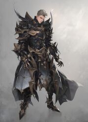 Rule 34 | 1boy, absurdres, armor, armored boots, black armor, boots, breastplate, cape, claw (weapon), closed mouth, commentary, english commentary, full body, gauntlets, gift art, gold trim, grey background, grey cape, grey eyes, grey hair, highres, jung wonjo, lips, looking at viewer, male focus, original, pauldrons, pelvic curtain, short hair, shoulder armor, solo, spikes, standing, weapon