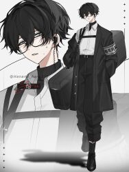 Rule 34 | 1boy, absurdres, artist name, bag, belt, black hair, black socks, character name, character signature, collared shirt, commentary request, duffel bag, earpiece, glasses, hair between eyes, hanami haru, highres, looking at viewer, mole, mole under mouth, multiple views, open mouth, original, pants, shadow, shirt, shoes, short hair, simple background, socks, solo, sweat, teeth, white background