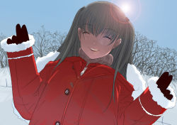 Rule 34 | 1girl, backlighting, bare tree, black gloves, black hair, blush, closed eyes, coat, day, facing viewer, fur trim, gloves, kiriman (souldeep), leaning to the side, lens flare, long hair, open mouth, original, outdoors, red coat, sky, smile, snow, solo, sun, tree, turtleneck, two side up, upper body, v, winter, winter clothes