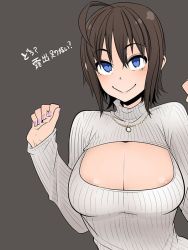 Rule 34 | 1girl, :&gt;, ahoge, areola slip, blue eyes, blush, breasts, brown hair, cleavage, cleavage cutout, clothing cutout, fingernails, jewelry, large breasts, lips, looking at viewer, meme attire, nail polish, necklace, open-chest sweater, original, purple nails, ribbed sweater, seductive smile, shindol, short hair, smile, solo, sweater, translated