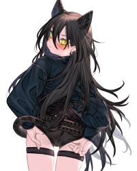 Rule 34 | 1girl, adjusting clothes, animal ears, arknights, belt, black belt, black hair, black shorts, black tail, blue jacket, blush, cat ears, cat girl, cat tail, closed mouth, cowboy shot, dagda (arknights), earrings, from behind, highres, jacket, jewelry, kochiya (gothope), long bangs, long hair, long sleeves, looking at viewer, shorts, simple background, solo, studded belt, tail, thigh strap, very long hair, white background, yellow eyes