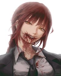 Rule 34 | 1girl, artist name, backlighting, black jacket, black necktie, blood, blood on clothes, blood on face, bloom, breasts, chainsaw man, close-up, collared shirt, commentary, dated, dress shirt, english commentary, grin, hair between eyes, half-closed eyes, head tilt, highres, jacket, lapels, lips, long hair, looking at viewer, low ponytail, makima (chainsaw man), medium breasts, necktie, notched lapels, open clothes, open jacket, parted lips, partially unbuttoned, ponytail, portrait, red hair, ringed eyes, shadow, shirt, sidelocks, signature, simple background, smile, solo, taorotana, teeth, white background, white shirt, wing collar, yellow eyes