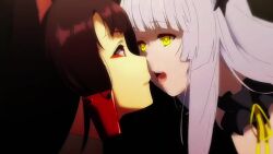 1girl akagi_(azur_lane) animated azur_lane belly_rub black_hair breasts close-up implied_sex implied_yuri kitsune licking licking_another&#039;s_cheek licking_another&#039;s_face licking_lips long_hair observer_alpha_(azur_lane) red_eyes siren_(azur_lane) small_breasts sound tagme tentacles tongue tongue_out video whispering white_hair yellow_eyes yuri