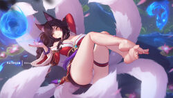 Rule 34 | 1girl, ahri (league of legends), animal ears, ass, barefoot, black hair, breasts, detached sleeves, dress, energy ball, facial mark, feet, flower, fox ears, fox girl, fox tail, hitodama, knees up, kyuubi, large breasts, league of legends, legs, lily pad, lying, mitsu (mitsu art), multiple tails, nail polish, on back, panties, red dress, red nails, soles, solo, spread toes, tail, thigh strap, thighs, toenail polish, toenails, toes, underwear, water, whisker markings, white panties, yellow eyes