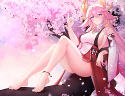 Rule 34 | 1girl, absurdres, animal ears, anklet, bare legs, bare shoulders, barefoot, branch, breasts, cherry blossoms, commentary, detached sleeves, earrings, english commentary, falling petals, feet, floppy ears, fox ears, fox girl, genshin impact, hair between eyes, hand up, highres, in tree, japanese clothes, jewelry, legs, long hair, looking at viewer, medium breasts, no bra, nontraditional miko, parted lips, petals, pink hair, pink nails, purple eyes, sideboob, sitting, sitting in tree, smile, solo, thaigermane, toes, tomoe (symbol), tree, vision (genshin impact), wide sleeves, yae miko
