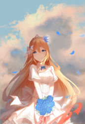 Rule 34 | 1girl, absurdres, bad id, bad pixiv id, blonde hair, blue bow, blue bowtie, blue eyes, blue flower, blue rose, blue sky, bouquet, bow, bowtie, closed mouth, cloud, cowboy shot, dress, elbow gloves, eyelashes, flower, frills, gathers, gloves, hair between eyes, hair bow, hair ornament, highres, holding, holding bouquet, light particles, lingmuqianyi, long hair, looking at viewer, outdoors, red ribbon, ribbon, rose, saratoga (warship girls r), shadow, short sleeves, sky, smile, solo, sunlight, tiara, two-handed, warship girls r, white dress, white gloves, wind