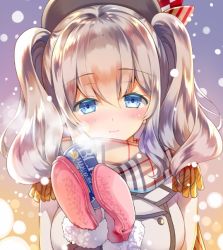Rule 34 | 10s, 1girl, blue eyes, blush, breasts, can, female focus, gloves, hat, head tilt, kantai collection, kashima (kancolle), large breasts, long hair, looking at viewer, mittens, rei (rei&#039;s room), scarf, silver hair, smile, solo, twintails