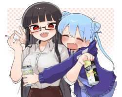 Rule 34 | 2girls, ^ ^, bags under eyes, between fingers, black hair, blue skirt, blunt bangs, blush, border, breasts, brown skirt, can, cigarette, closed eyes, commentary request, cone hair bun, cowboy shot, death merumeru, dovepopon, dress shirt, drooling, drunk, ear blush, fang, glasses, hair bun, half-closed eyes, halftone, halftone background, holding, holding can, holding cigarette, hood, hood down, hoodie, hug, large breasts, long hair, looking at viewer, mouth drool, multiple girls, outside border, pink background, pleated skirt, purple hoodie, red eyes, semi-rimless eyewear, sharp teeth, shinigami dot com, shirt, shirt tucked in, skirt, sleeves pushed up, smile, strong zero, sweat, teeth, toukyou tama, twintails, v, white background, white border