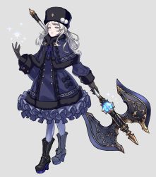 Rule 34 | 1girl, absurdres, axe, bite addict, black bow, black footwear, black hat, blonde hair, blue eyes, blue gemstone, bow, brown gloves, capelet, closed mouth, dress, fantasy, frilled dress, frills, frown, fur-trimmed capelet, fur-trimmed dress, fur-trimmed sleeves, fur hat, fur trim, gem, gloves, glowing, grey background, hat, highres, holding, holding axe, holding weapon, light blue eyes, lolita fashion, long hair, original, pantyhose, patterned, patterned clothing, purple capelet, purple dress, purple pantyhose, purple ribbon, ribbon, simple background, solo, sparkle, weapon, winter clothes
