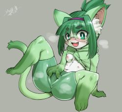 Rule 34 | 1girl, animal ears, bike shorts, blush, borrowed character, bright pupils, cat ears, cat tail, clothes lift, extra breasts, female focus, furry, furry female, glasses, green eyes, green fur, green hair, green hoodie, grey background, highres, hood, hoodie, hoodie lift, midori (nakagami takashi), nipples, original, ponytail, rimless eyewear, shourin bonzu, simple background, sitting, solo, spread pussy under clothes, tail, white pupils