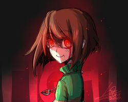 Rule 34 | 10s, 2016, androgynous, artist name, blood, bloody tears, brown hair, chara (undertale), closed mouth, gender request, glowing, glowing eyes, heart, heart necklace, jewelry, lalalaleng, long sleeves, looking at viewer, necklace, red eyes, shaded face, signature, smile, solo, spoilers, striped clothes, striped sweater, sweater, turtleneck, undertale, upper body