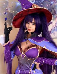 Rule 34 | 1girl, blue eyes, breasts, cleavage, cosplay, genshin impact, gloves, hand on own hip, hat, highres, large breasts, lips, looking at viewer, mona (genshin impact), photo (medium), pupboicarti, purple hair, real life, serious, solo, source request, witch hat