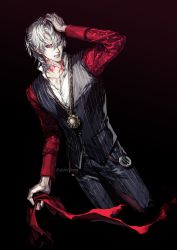 Rule 34 | 1boy, absurdres, antonio salieri (fate), arm up, chain, collarbone, fate/grand order, fate (series), fingernails, hair between eyes, hand on own head, highres, holding, holding neckwear, jewelry, koshika rina, male focus, neck tattoo, necklace, neckwear request, parted lips, pocket watch, red eyes, red neckwear, solo, tattoo, teeth, torn, torn clothes, twitter username, watch, white hair