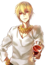 Rule 34 | 1boy, absurdres, alcohol, blonde hair, bracelet, casual, cup, drinking glass, erjiu, fate/zero, fate (series), gilgamesh (fate), highres, jewelry, looking at viewer, male focus, necklace, official alternate costume, red eyes, simple background, solo, white background, wine, wine glass