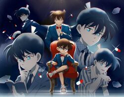 Rule 34 | 2boys, black necktie, blue eyes, blue jacket, book, bow, bowtie, brown hair, collared shirt, cowlick, crossed legs, dual persona, edogawa conan, finger to mouth, full body, glasses, grey shorts, hair between eyes, head on hand, highres, holding, holding book, jacket, kudou shin&#039;ichi, light blush, looking at viewer, male focus, meitantei conan, multiple boys, multiple views, nauxii, necktie, parted lips, reading, red bow, red bowtie, shirt, shoes, shorts, sitting, smile, sneakers, socks, sparkle, striped clothes, striped shirt, suit jacket, sweatdrop, white footwear, white shirt, white socks