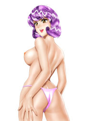 Rule 34 | 1990s (style), 1girl, agent aika, aika (series), ass, bare back, bare legs, bare pectorals, black delmo, black delmo leader, blush, breasts, breasts out, brown eyes, delmo, female focus, from behind, hand on own hip, looking back, medium breasts, nipples, no bra, open mouth, panties, panties only, pantyshot, pectorals, purple hair, retro artstyle, shiny skin, short hair, simple background, solo, standing, thighs, topless, underwear, underwear only, white background, yuusuke (ziyasu)