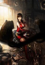 Rule 34 | 1girl, animal, bicycle, breasts, brown hair, cleavage, dj, eel (artist), gloves, headphones, highres, large breasts, meiko (vocaloid), motor vehicle, motorcycle, mouse (animal), perspective, phonograph, realistic, red theme, shorts, solo, turntable, vehicle, vocaloid