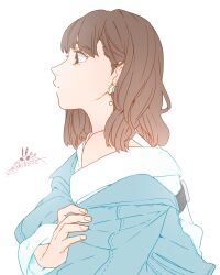 Rule 34 | 1girl, absurdres, aida rikako, blue jacket, brown hair, commentary request, earrings, from side, highres, jacket, jewelry, kashikaze, medium hair, off shoulder, profile, real life, shirt, signature, simple background, solo, upper body, voice actor, white background, white shirt
