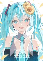 Rule 34 | 1girl, aqua eyes, aqua hair, aqua necktie, blush, clenched hands, collared shirt, dated, detached sleeves, dress, eyelashes, flower, grey shirt, hair flower, hair ornament, happy birthday, hatsune miku, headset, highres, kiina (mrnsor), long hair, looking at viewer, necktie, open mouth, petals, shirt, simple background, sleeveless, sleeveless dress, sleeveless shirt, solo, sunflower, twintails, upper body, very long hair, vocaloid, white background, yellow flower