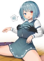 Rule 34 | 1girl, 1other, absurdres, bare legs, blue eyes, blue hair, blue skirt, blue vest, blush, grabbing another&#039;s breast, breasts, commentary request, cross-laced clothes, disembodied limb, foot out of frame, grabbing, gradient background, groping, heterochromia, highres, juliet sleeves, karakasa obake, long sleeves, looking to the side, mamemochi, medium breasts, open mouth, puffy sleeves, purple umbrella, red eyes, shirt, short hair, simple background, sitting, skirt, skirt set, spoken squiggle, squiggle, sweat, tatara kogasa, touhou, umbrella, vest, wariza, white background, white shirt, wooden floor, worried