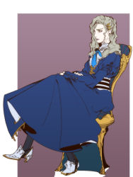 Rule 34 | 10s, 1boy, bad id, bad pixiv id, blue dress, blue upholstery, chair, crossdressing, dress, full body, grey hair, hair ornament, hairclip, high heels, juliet sleeves, lips, long hair, long sleeves, male focus, patterned upholstery, puffy sleeves, shoes, sitting, solo, striped upholstery, tiger &amp; bunny, xilla, yuri petrov
