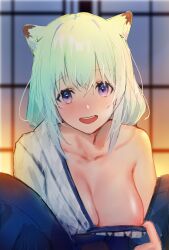 Rule 34 | 1girl, absurdres, animal ears, areola slip, bath yukata, blue archive, blush, breasts, cleavage, collarbone, green hair, hanten (clothes), highres, indoors, japanese clothes, kaze 22, kimono, kimono pull, large breasts, official alternate costume, pulling own clothes, purple eyes, shigure (blue archive), shigure (hot spring) (blue archive), single bare shoulder, smile, solo, weasel ears, yukata