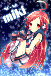 Rule 34 | 1girl, ahoge, android, boots, fetal position, full body, gloves, headphones, headset, isuzu rio, joints, kneehighs, long hair, meeji (isuzu rio), red eyes, red hair, robot joints, sf-a2 miki, smile, socks, solo, striped clothes, striped gloves, striped socks, striped thighhighs, thighhighs, vocaloid, wrist cuffs