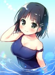 Rule 34 | 1girl, bare shoulders, black hair, blue one-piece swimsuit, blush, breasts, cleavage, closed mouth, collarbone, commentary request, day, green eyes, hair ornament, hairclip, hanamiya natsuka, hand up, large breasts, looking at viewer, one-piece swimsuit, original, outdoors, partially submerged, sketch, smile, solo, strap slip, swimsuit, water