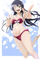 Rule 34 | 1girl, bikini, blue hair, blush, commentary request, hair ornament, highres, kirisaki reina, long hair, looking at viewer, love live!, love live! school idol project, one eye closed, open mouth, outstretched arm, pointing, pointing at viewer, red bikini, simple background, smile, solo, sonoda umi, swimsuit, yellow eyes