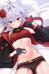 Rule 34 | 1girl, absurdres, bed, black gloves, black shorts, blush, breasts, crop top, flower, gloves, grey hair, hair between eyes, hair flower, hair ornament, highres, jacket, looking at viewer, lying, medium breasts, micro shorts, midriff, on back, on bed, open clothes, open jacket, original, pillow, pointy ears, purple eyes, red flower, short hair, short shorts, shorts, solo, stomach, timy