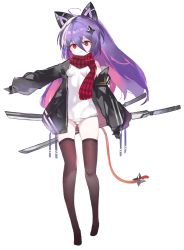 Rule 34 | 1girl, ahoge, animal ears, artery gear, artery gear: fusion, black gloves, black jacket, brown thighhighs, character request, commentary request, fake animal ears, full body, gloves, hair between eyes, hair ornament, jacket, katana, kotatu (akaki01aoki00), long sleeves, looking at viewer, multicolored hair, no shoes, one-piece swimsuit, open clothes, open jacket, parted lips, pink hair, puffy long sleeves, puffy sleeves, purple hair, red eyes, simple background, skindentation, sleeves past wrists, solo, standing, swimsuit, swimsuit under clothes, sword, tail, thighhighs, thighs, two-tone hair, weapon, white background, white one-piece swimsuit