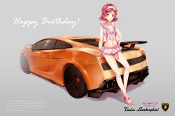 Rule 34 | 1girl, absurdres, bikini, bikini skirt, bow, car, english text, flower, frilled bikini, frills, front-tie bikini top, front-tie top, full body, hair flower, hair ornament, hairband, happy birthday, high heels, highres, jewelry, lamborghini, looking at viewer, love live!, love live! school idol festival, love live! school idol project, motor vehicle, navel, necklace, nishikino maki, open clothes, open vest, pearl necklace, pink bow, pink footwear, purple eyes, red hair, short hair, sitting, smile, solo, sukai makatsu, swimsuit, vehicle focus, vest