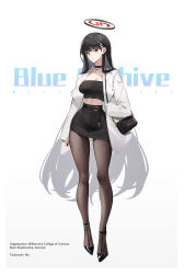 Rule 34 | 1girl, absurdres, black choker, black footwear, black hair, black skirt, blue archive, breasts, choker, cleavage, commentary request, fangdatou er buxihuanhuadatou, full body, gradient background, grey background, highres, jacket, large breasts, long hair, looking at viewer, midriff, miniskirt, open clothes, open jacket, pantyhose, pencil skirt, red eyes, rio (blue archive), skirt, solo, standing, strapless, thighs, tube top, very long hair, white background, white jacket